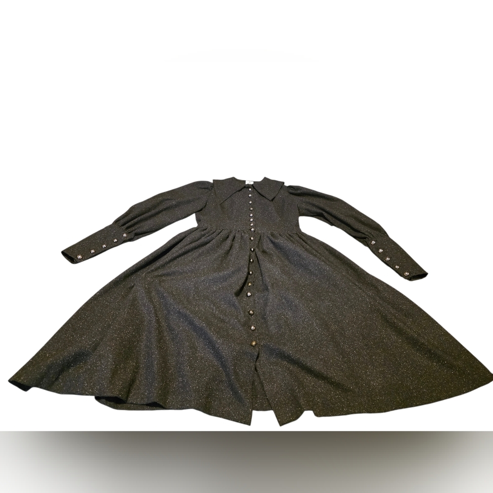 I Do Declare Vintage Inspired Gray/Blac Puff Sleeve Button-Down Dress Size L EUC